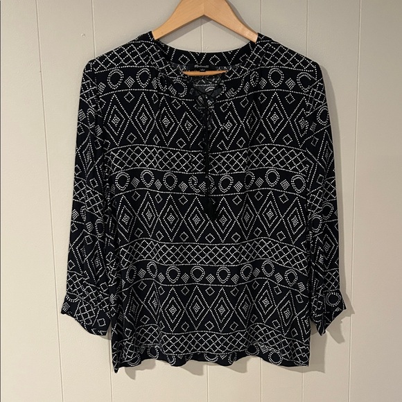 Madewell Lace-Up Boho Peasant Blouse Black White Caravan Print Small - Picture 9 of 10